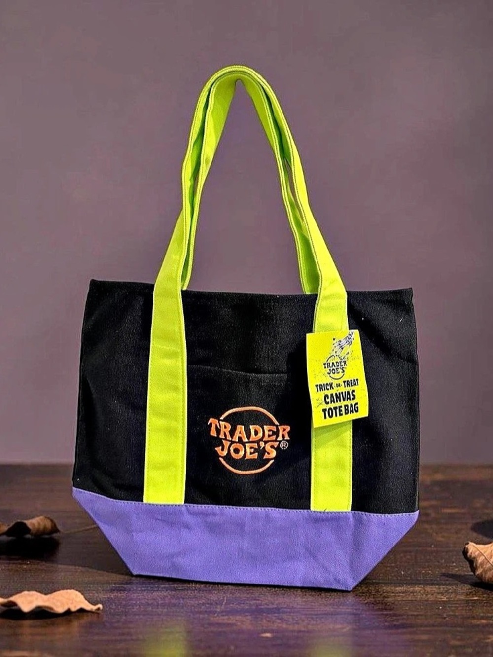 Trader Joe's Trick-or-Treat Mini Canvas Tote Bag Black & Purple